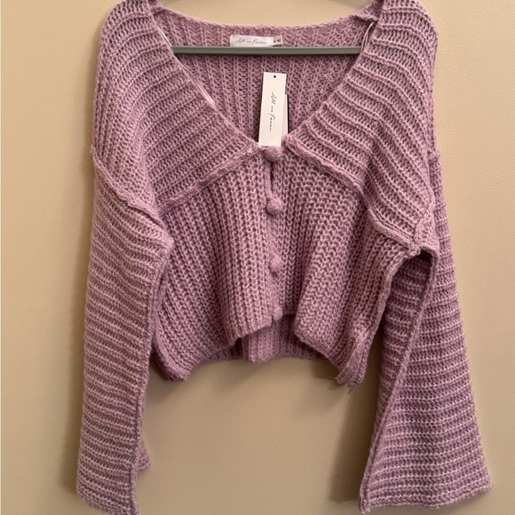 All in Favor Shaker Stitch Crop Knit V-Neck Cardigan Lavender - Picture 1 of 8
